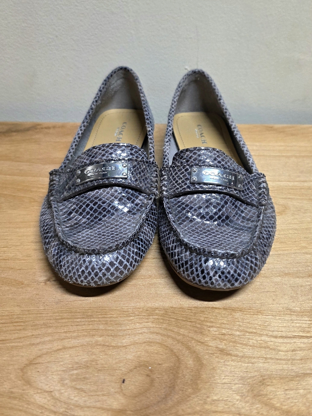 Coach Women's Gray Snake-Print Leather Loafers